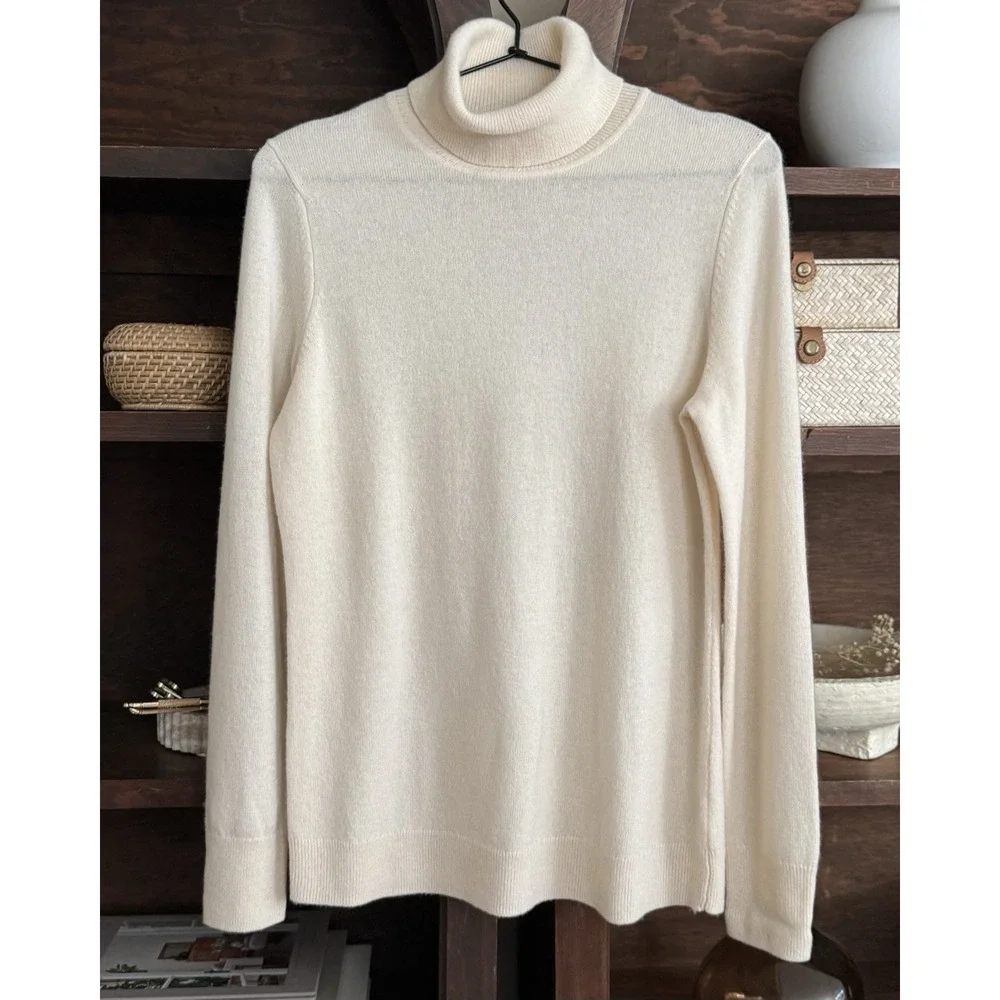 Talbots Womens 100% Cashmere Long Sleeve Turtleneck Ivory Cream Sweater Size S